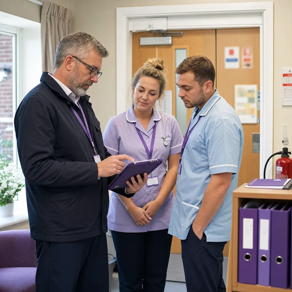 Care home staff receiving a practical pre-audit safety briefing from an inspector.