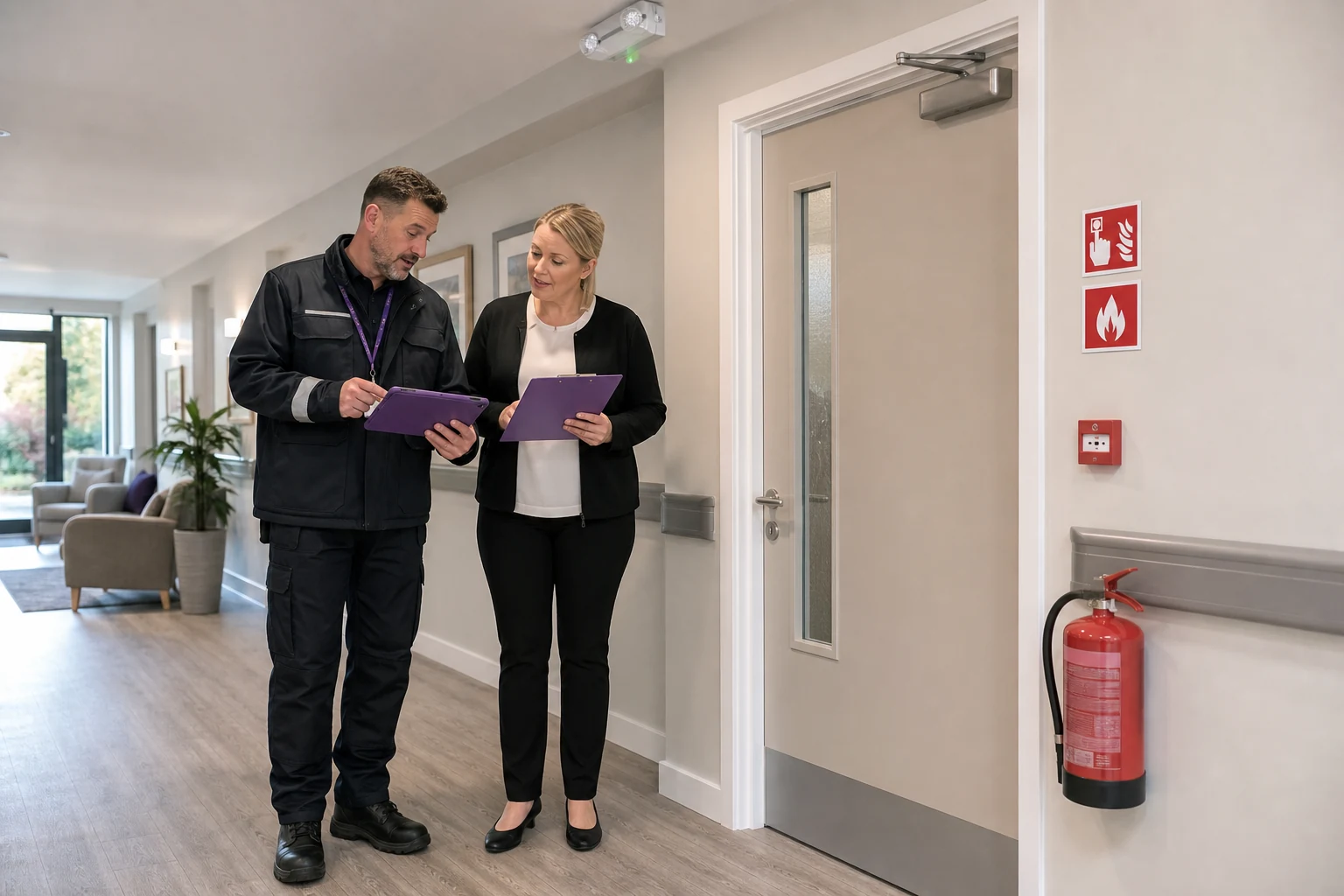 Fire safety inspector reviewing care home audit evidence with a manager in a corridor.