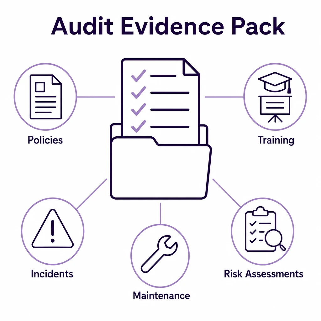 Graphic showing an audit evidence pack with records for policies, training and maintenance.