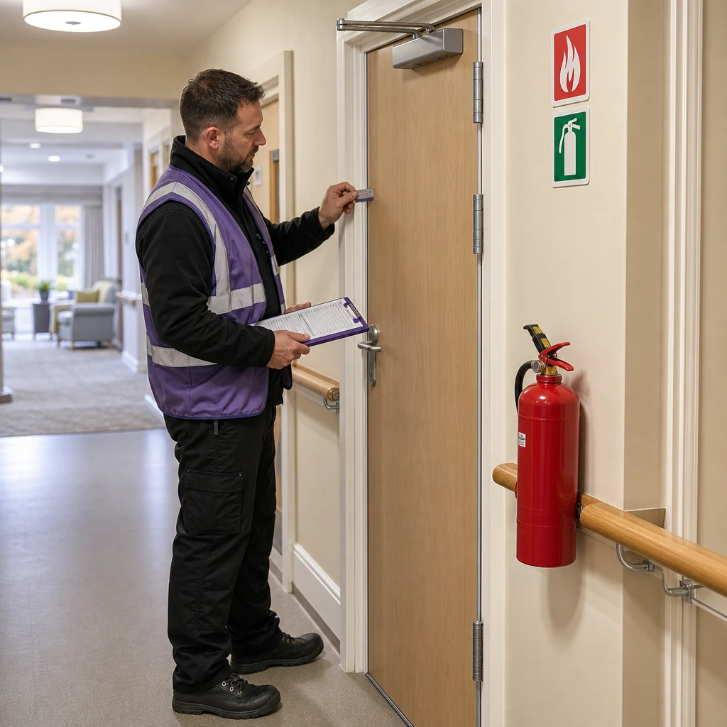 Inspector checking a care home fire door with a gap gauge and checklist.